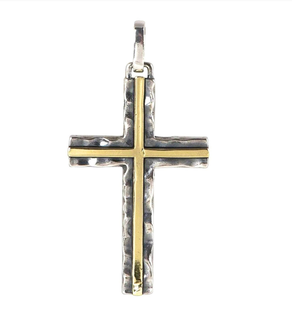 Hammered 2 Color Solid Sterling Silver Cross Necklace for men S925 with Brass inlay catholic crucifix