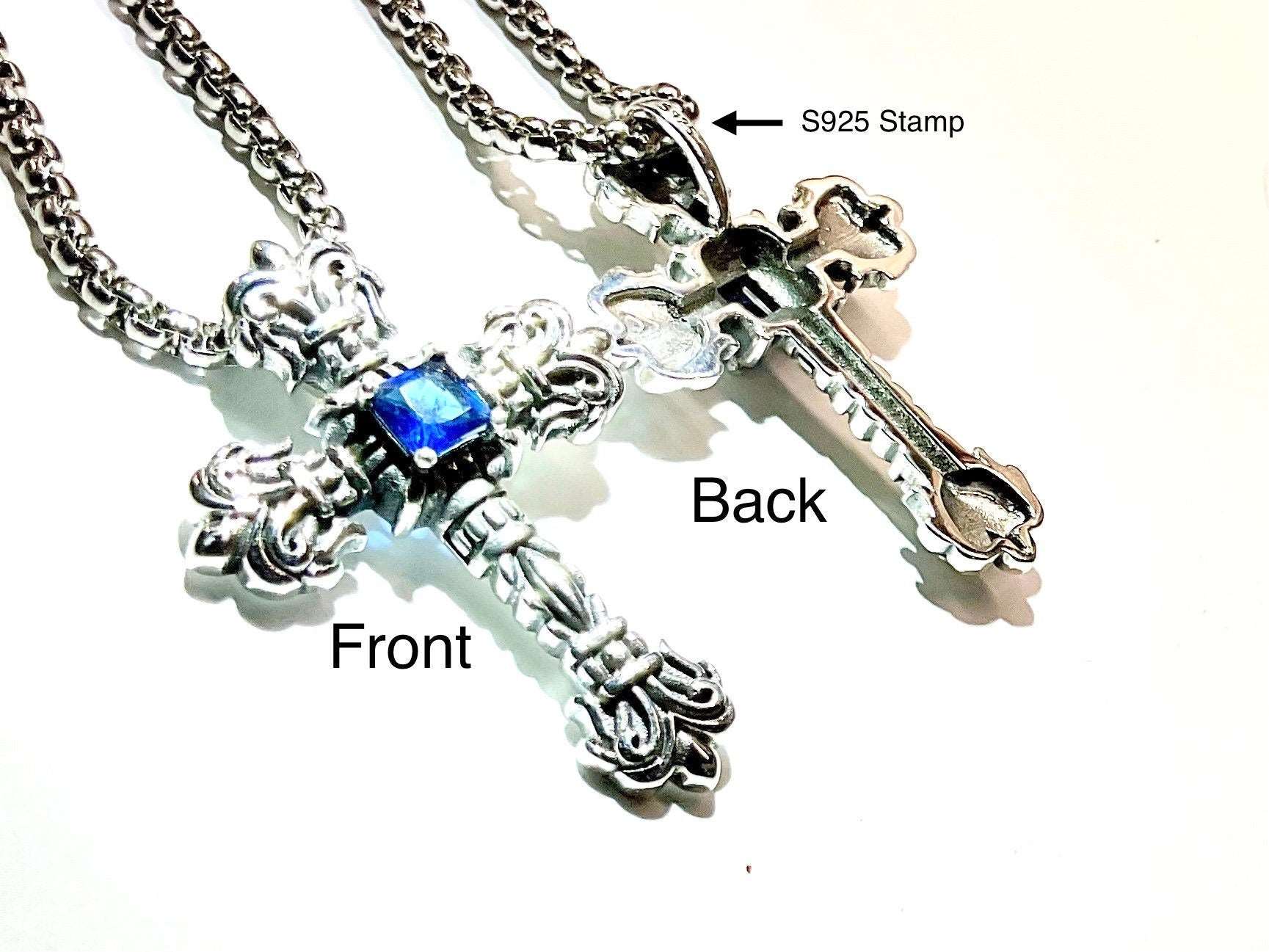Blue Stone Solid Sterling Silver Cross Zircon Necklace S925 Jewelry Women Girls September birthstone Sapphire