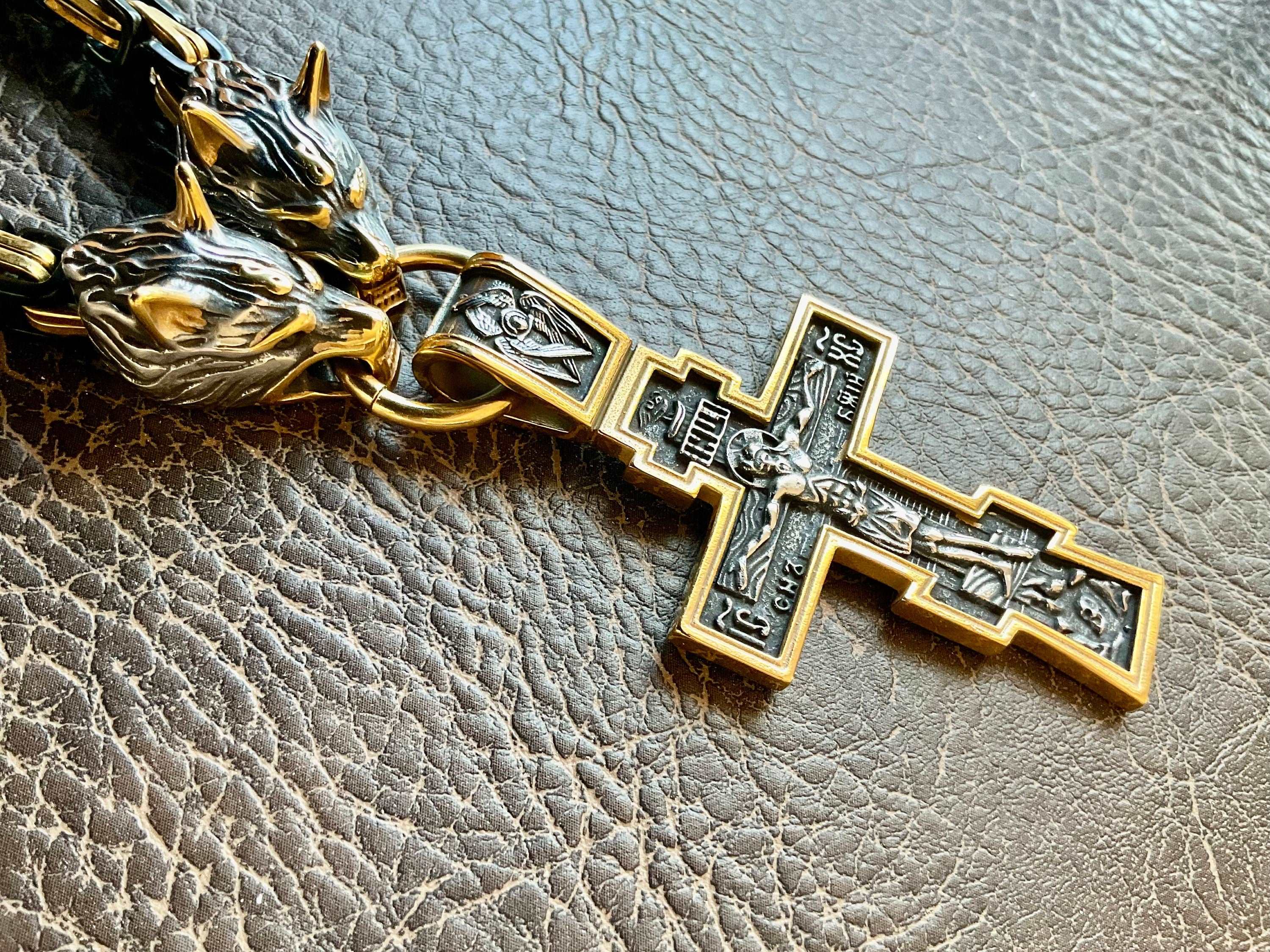 Ancient Gothic Crucifix Double Wolf Head Eastern Orthodox Russian Cross All Stainless Steel Viking Jesus Ukraine