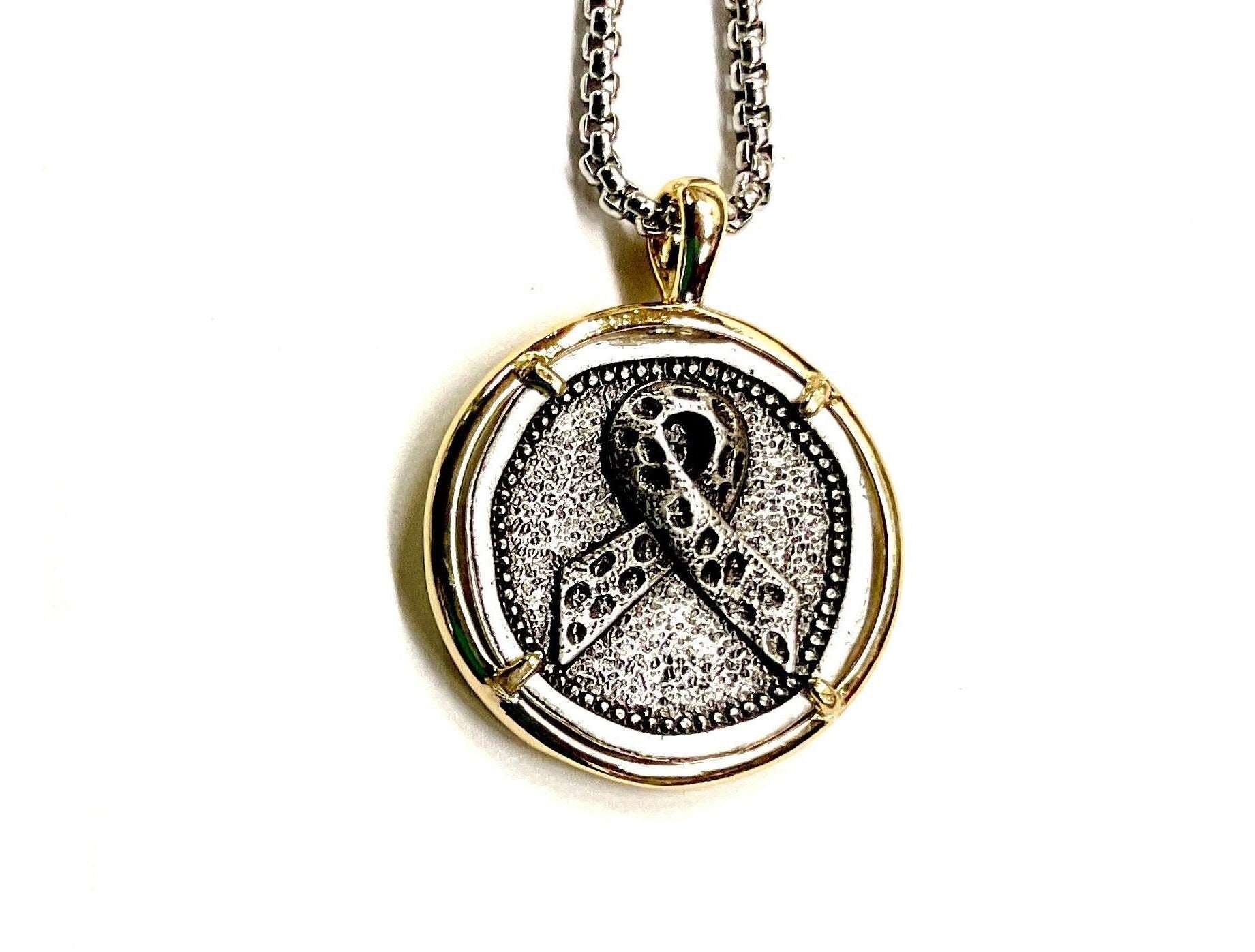 Breast Cancer Ribbon Necklace Medal Hope Love Cure Cast Medallion Stainless Steel Chain