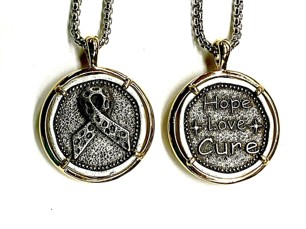 Breast Cancer Ribbon Necklace Medal Hope Love Cure Cast Medallion Stainless Steel Chain