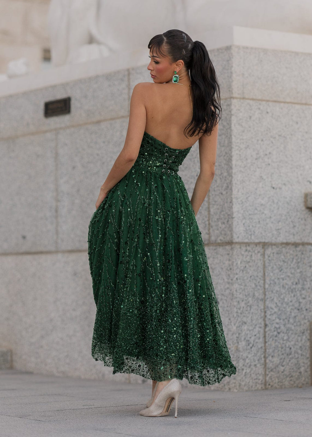 Elphie Strapless Sequin Corset Midi Dress - Green