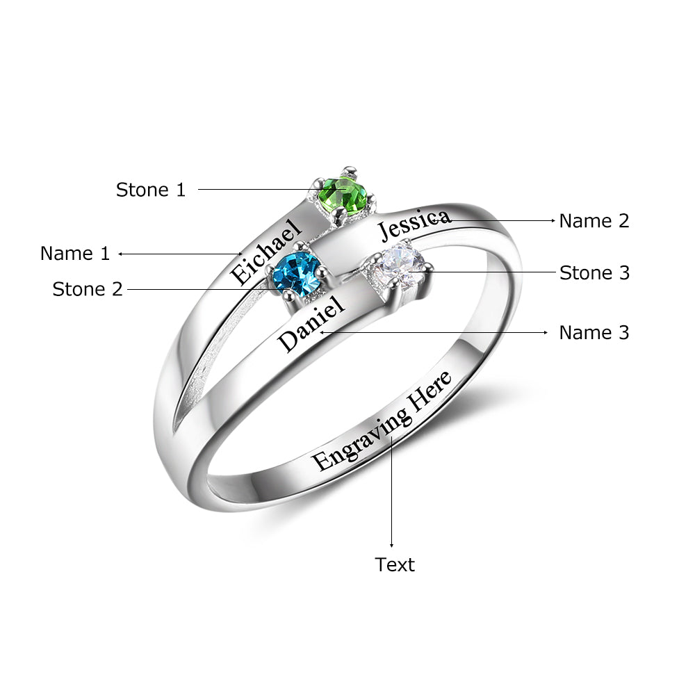 3 Birthstone Ribbon Band Mother's Ring or Mom Ring