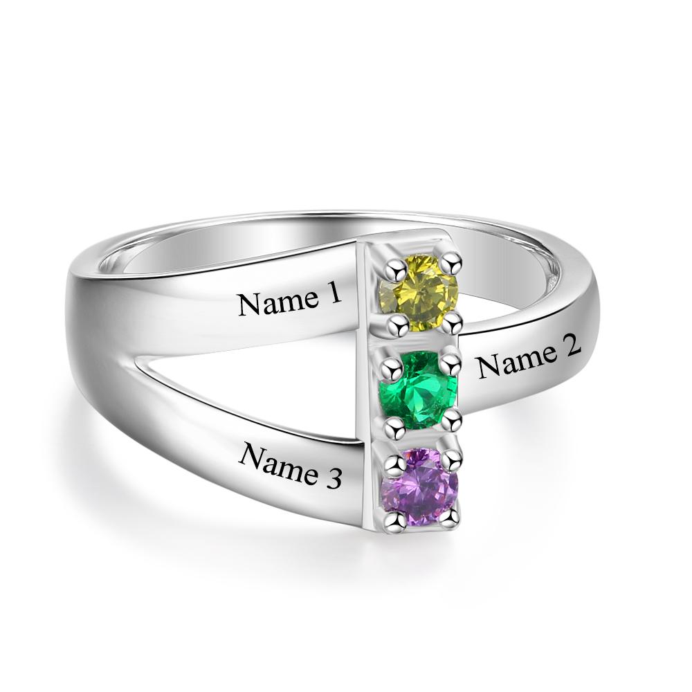 3 Birthstone Stacked Ribbon Band Mother's Ring 3 Names