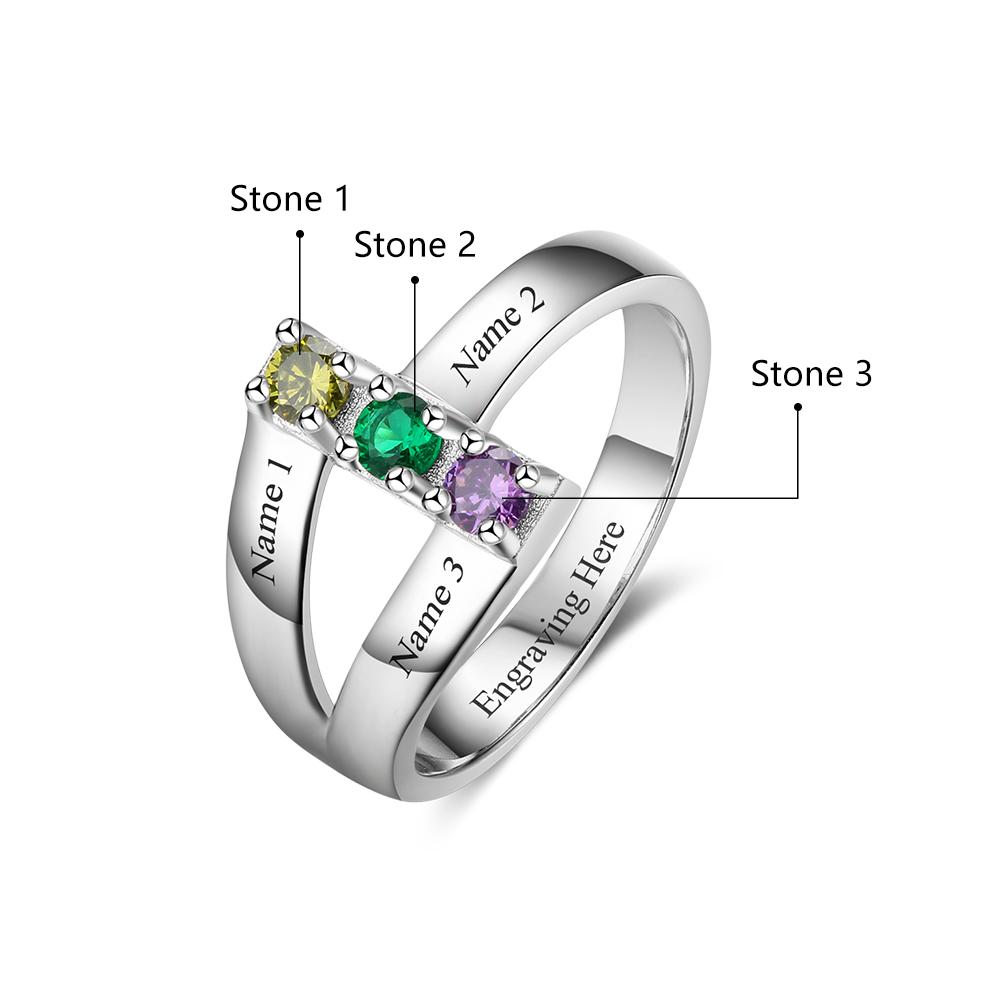 3 Birthstone Stacked Ribbon Band Mother's Ring 3 Names