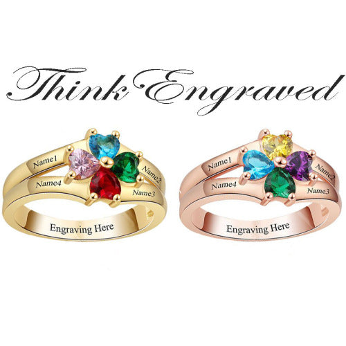 4 Heart Birthstone Mother's Ring 14k Gold Flower Flower Design