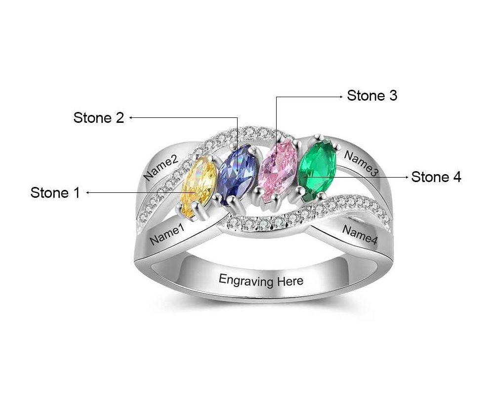 Mother's Ring 4 Marquis Stones 4 Engraved Names