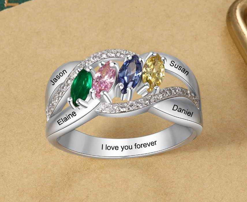 Mother's Ring 4 Marquis Stones 4 Engraved Names