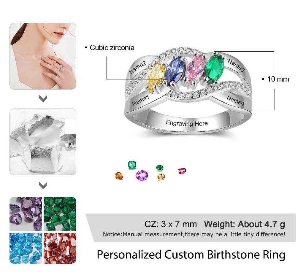 Mother's Ring 4 Marquis Stones 4 Engraved Names