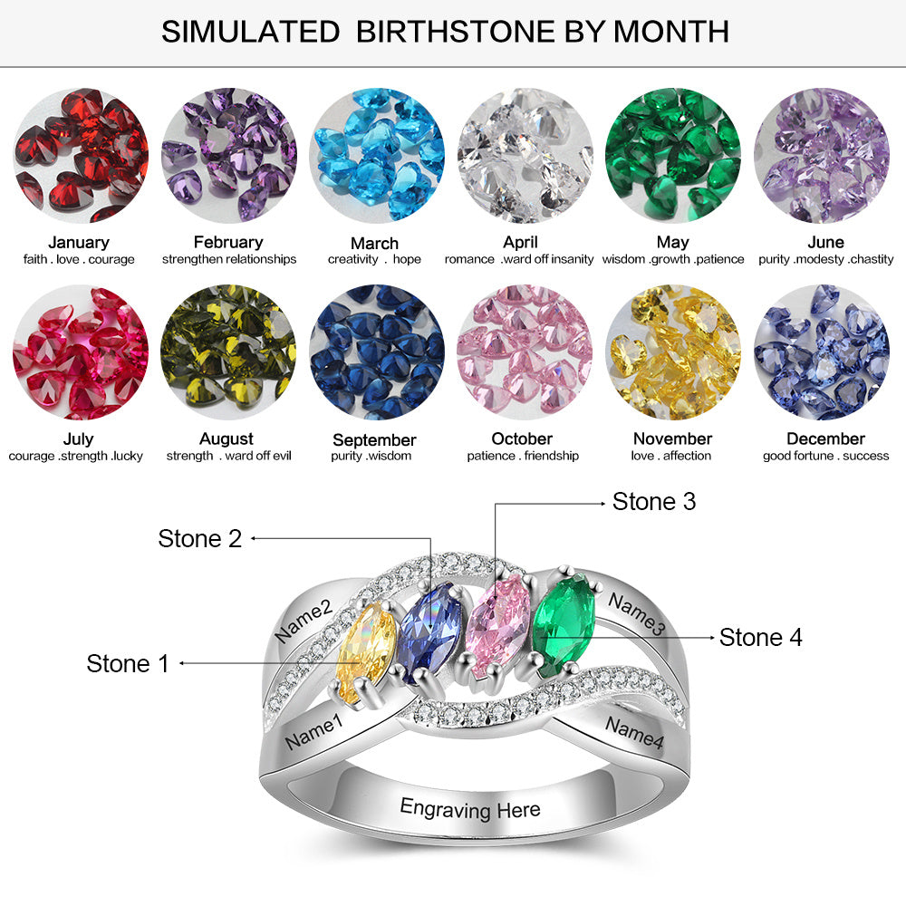 Mother's Ring 4 Marquis Stones 4 Engraved Names