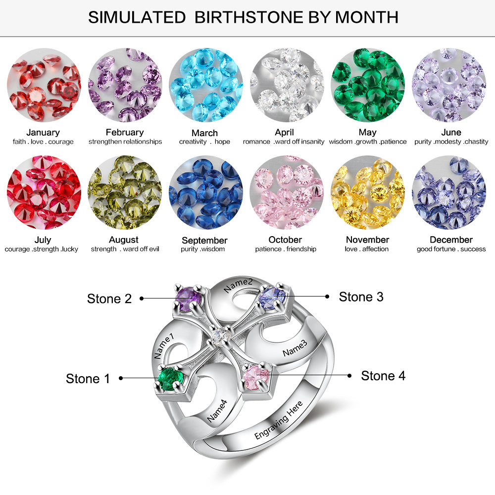 Personalized Iron Cross Mother's Ring 4 Birthstones 4 Engraved Names