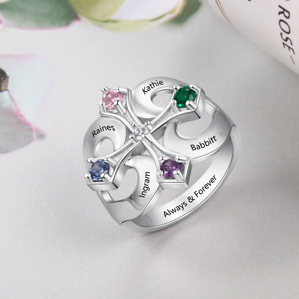 Personalized Iron Cross Mother's Ring 4 Birthstones 4 Engraved Names