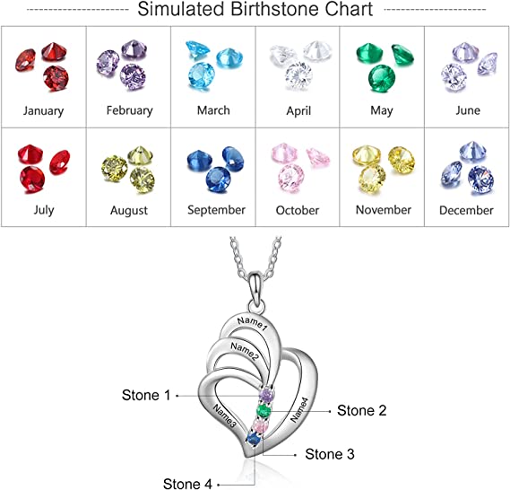Mother's Necklace 3 Birthstones and 3 Engraved Names Heart Pendant