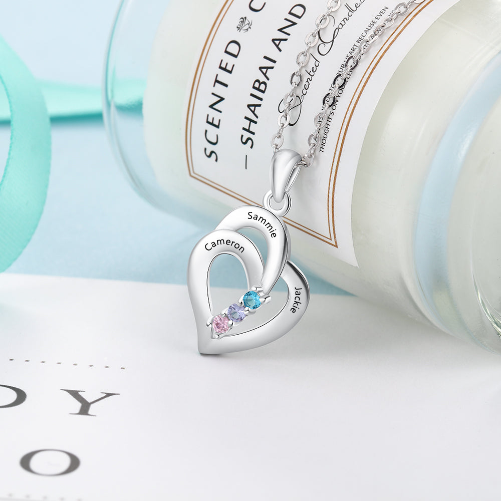 Mother's Necklace 3 Birthstones and 3 Engraved Names Heart Pendant