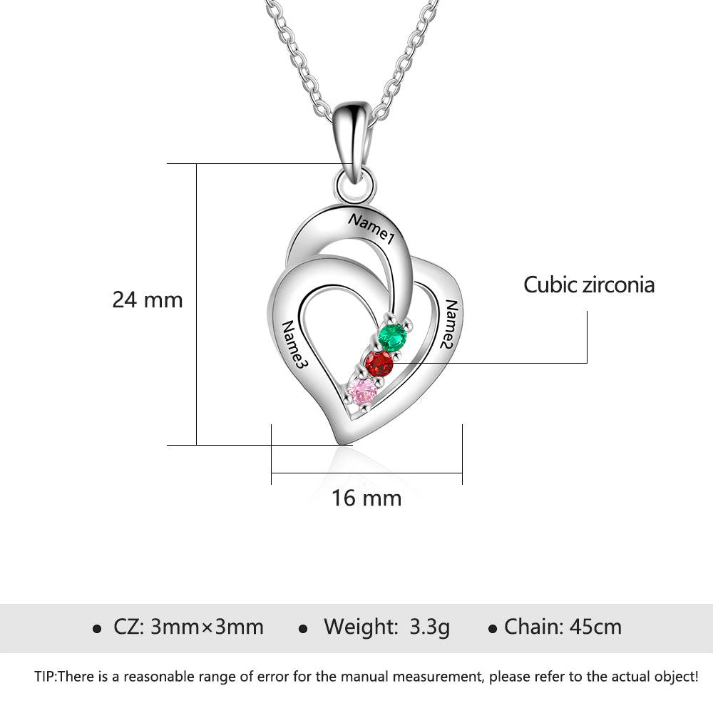 Mother's Necklace 3 Birthstones and 3 Engraved Names Heart Pendant
