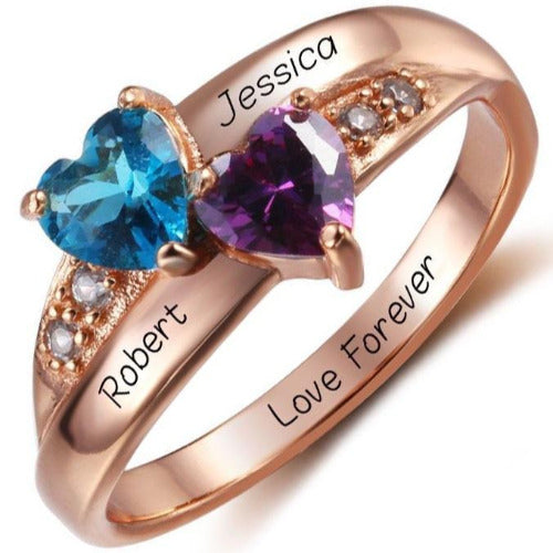 Personalized 2 Birthstone Two Hearts Rose Gold Mother's Ring