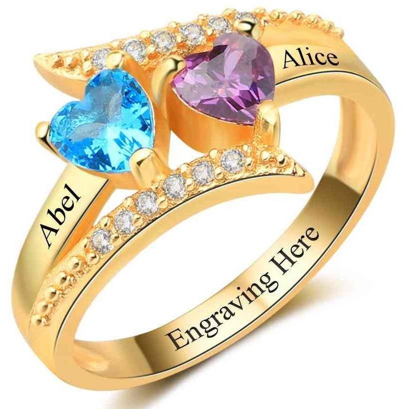 Personalized 2 Stone 2 Engraved Names  Vintage Design Gold Mothers Ring