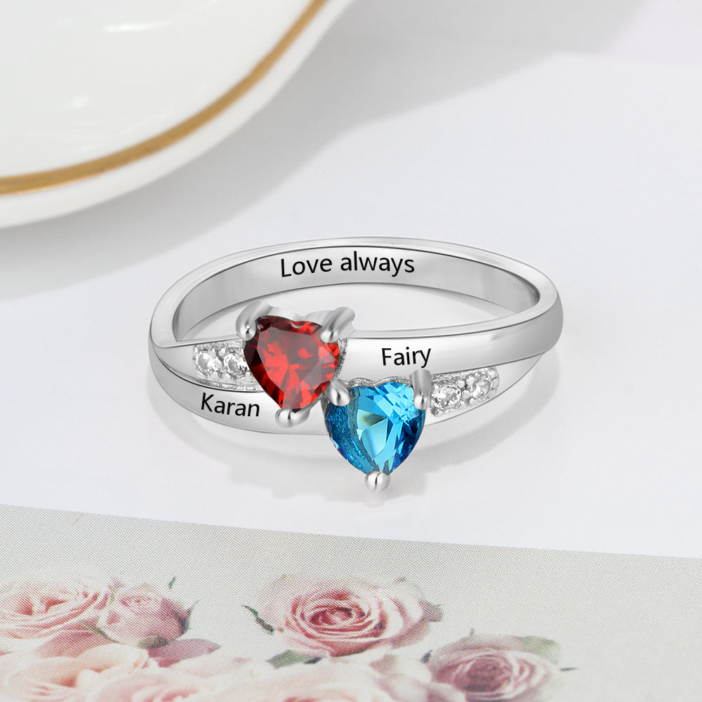 Personalized 2 Birthstones True Hearts Mothers Ring 2 Engraved Names