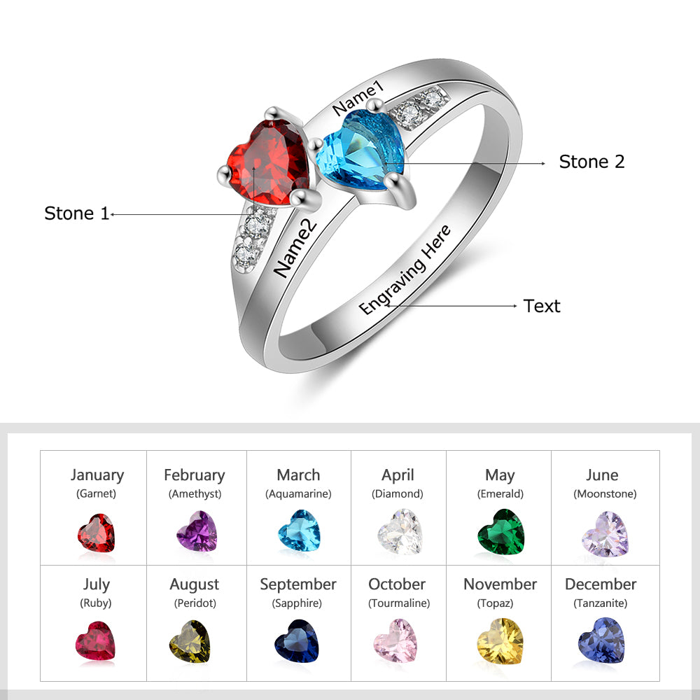 Personalized 2 Birthstones True Hearts Mothers Ring 2 Engraved Names