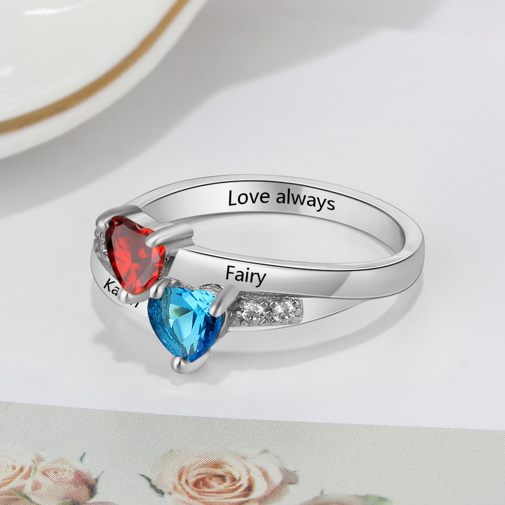 Personalized 2 Birthstones True Hearts Mothers Ring 2 Engraved Names