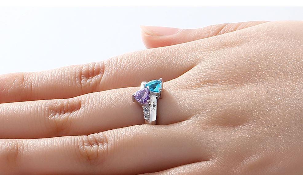 Personalized 2 Birthstones True Hearts Mothers Ring 2 Engraved Names