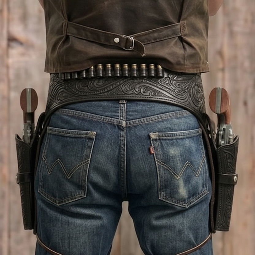 Double Western Holster & Belt 44 45 Cal - Black