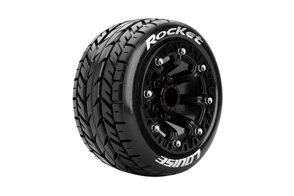 Louise R/C ST-Rocket 1/16 Stadium Truck Tires 12mm Hex Soft Mounted Black Spoke Rim Pair