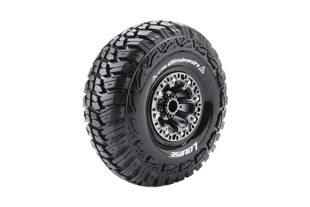 Louise R/C CR-Griffin 1/10 2.2" Crawler Tires Mounted 12mm Hex Black Chrome Rim Pair