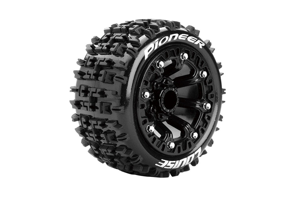 Louise R/C ST-Pioneer 1/16 2.2" Stadium Truck Tires 12mm Hex Soft Mounted Black Rim Pair
