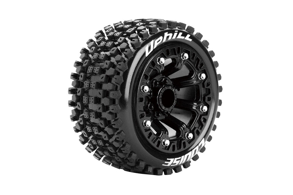 Louise R/C ST-Uphill 1/16 Stadium Truck Tires 12mm Hex Soft Mounted Black Spoke Rim Pair