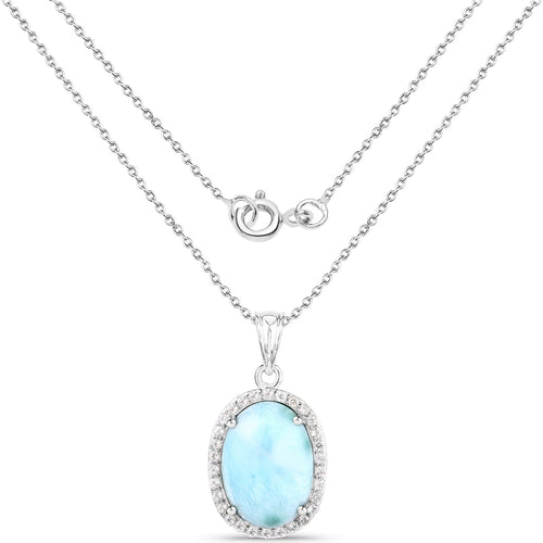 13.55 Carat Genuine Larimar and White Topaz .925 Sterling Silver Pendant