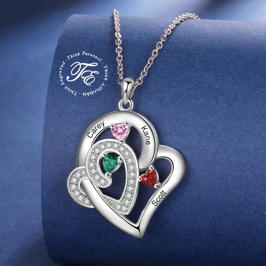 Custom 3 Birthstone Heart Name Pendant Necklace - 3 Stone Mother's Necklace