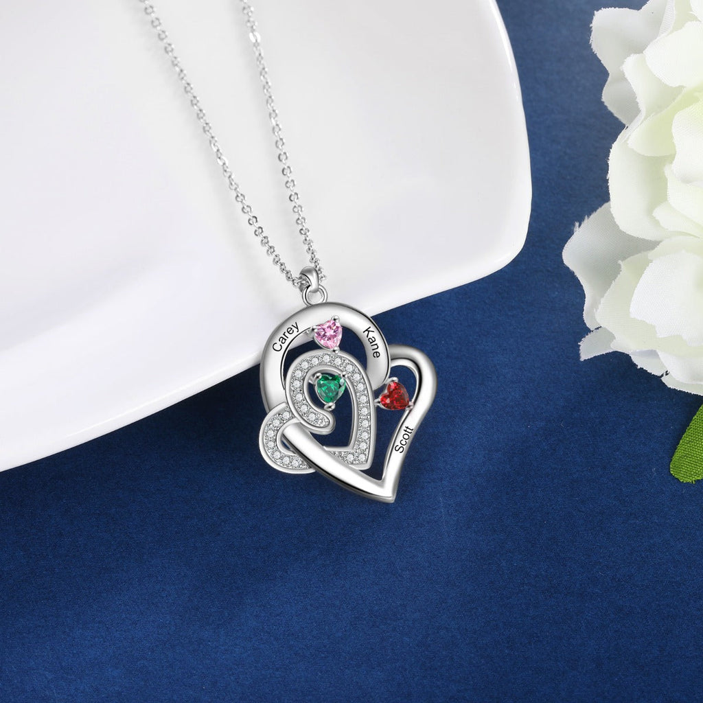 Custom 3 Birthstone Heart Name Pendant Necklace - 3 Stone Mother's Necklace