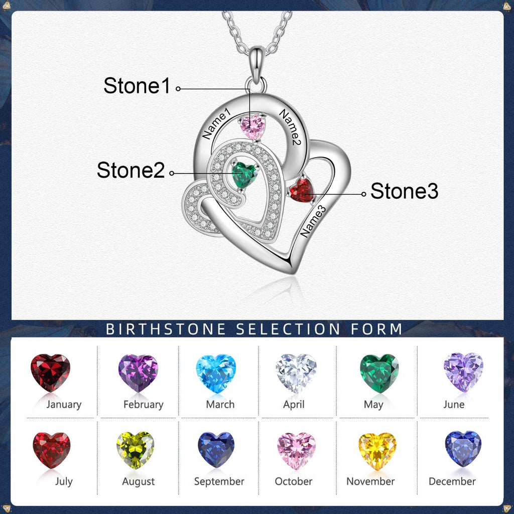 Custom 3 Birthstone Heart Name Pendant Necklace - 3 Stone Mother's Necklace
