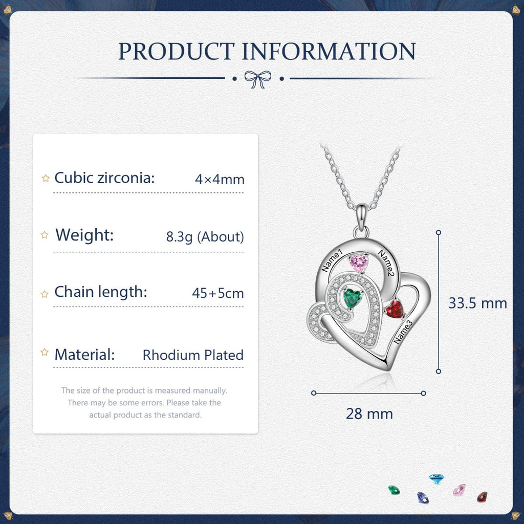 Custom 3 Birthstone Heart Name Pendant Necklace - 3 Stone Mother's Necklace