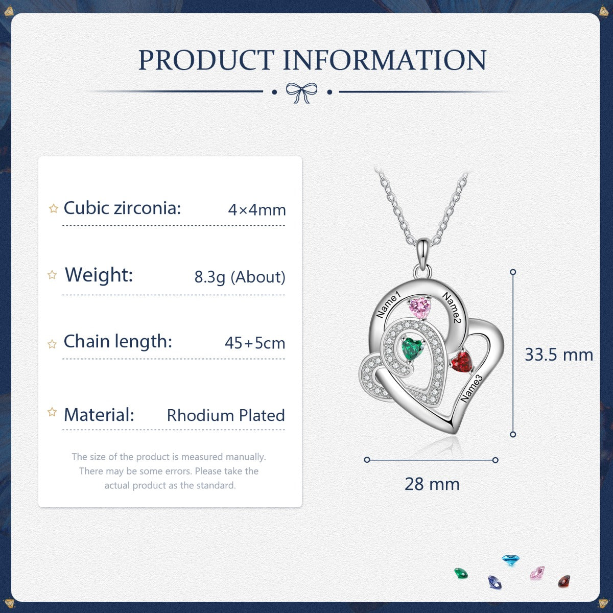 Custom 3 Birthstone Heart Name Pendant Necklace - 3 Stone Mother's Necklace