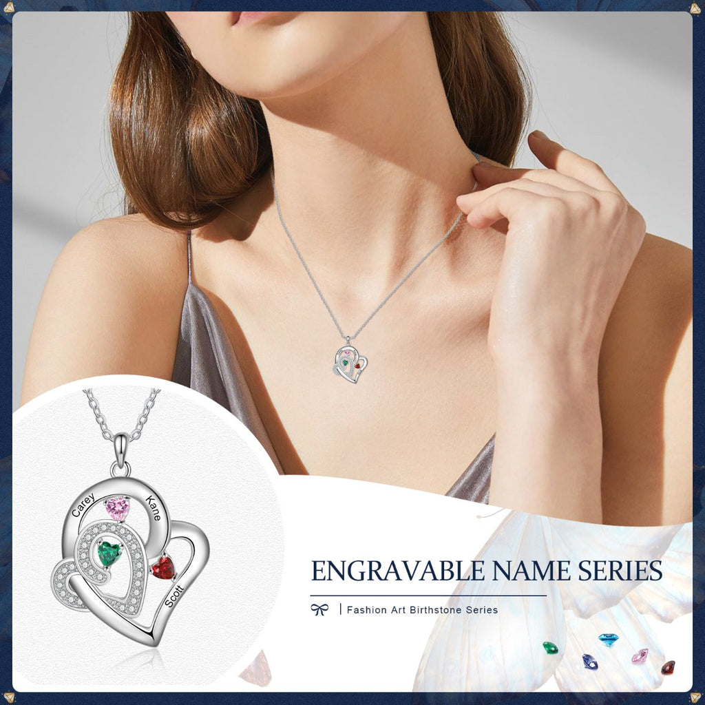 Custom 3 Birthstone Heart Name Pendant Necklace - 3 Stone Mother's Necklace