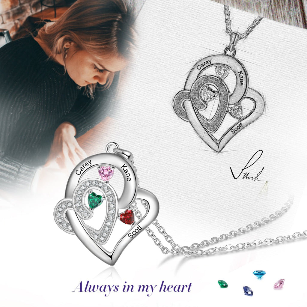 Custom 3 Birthstone Heart Name Pendant Necklace - 3 Stone Mother's Necklace