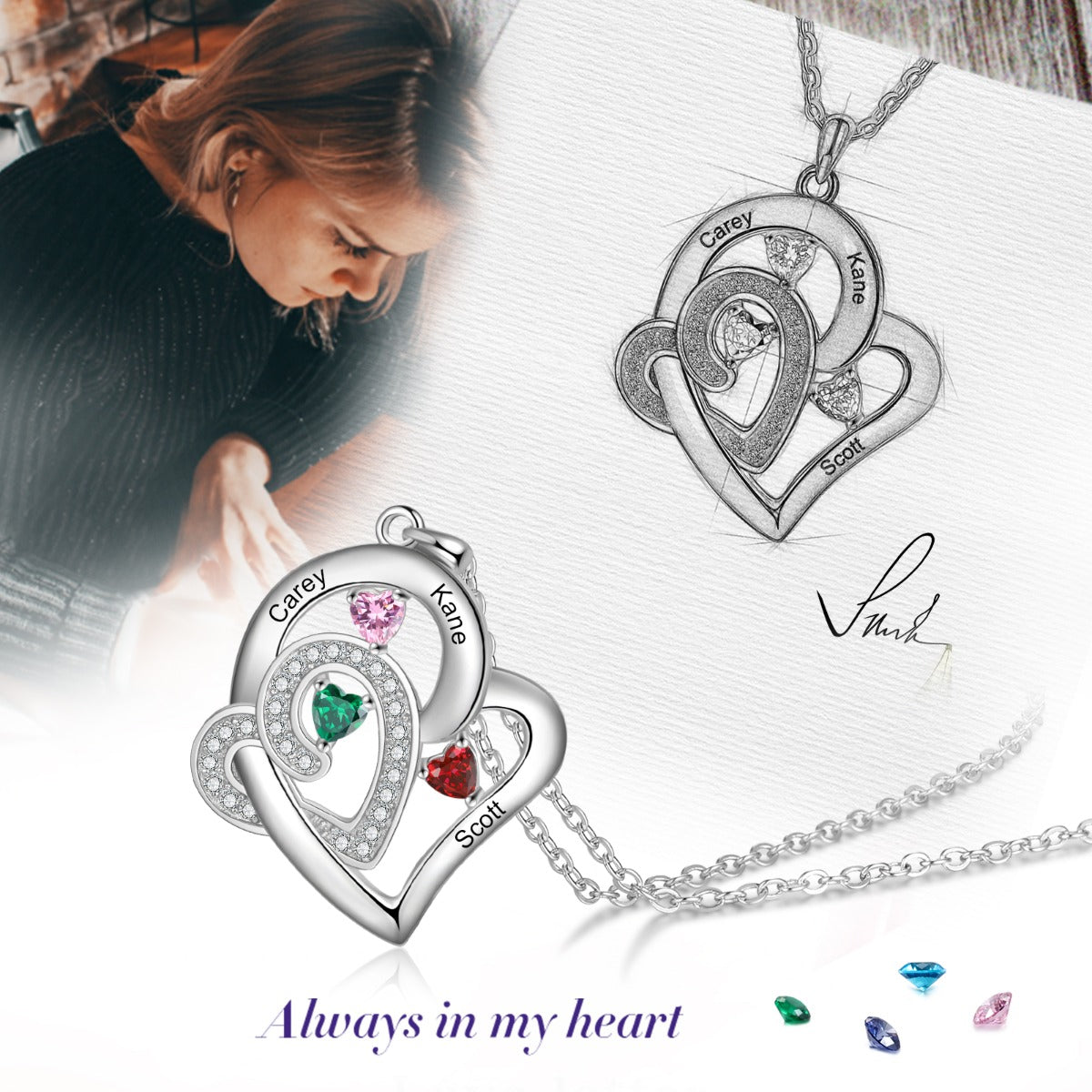 Custom 3 Birthstone Heart Name Pendant Necklace - 3 Stone Mother's Necklace
