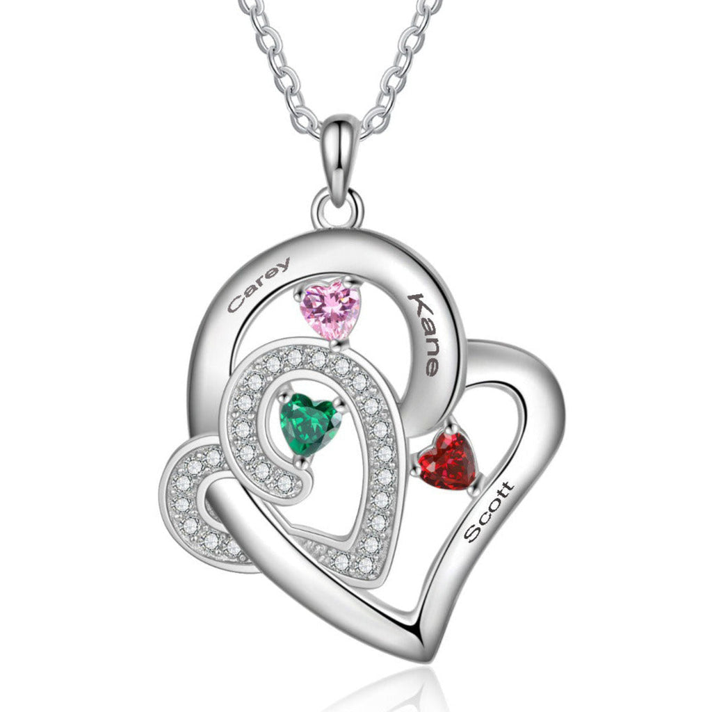 Custom 3 Birthstone Heart Name Pendant Necklace - 3 Stone Mother's Necklace