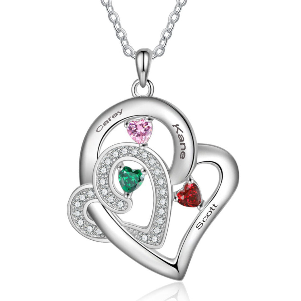 Custom 3 Birthstone Heart Name Pendant Necklace - 3 Stone Mother's Necklace