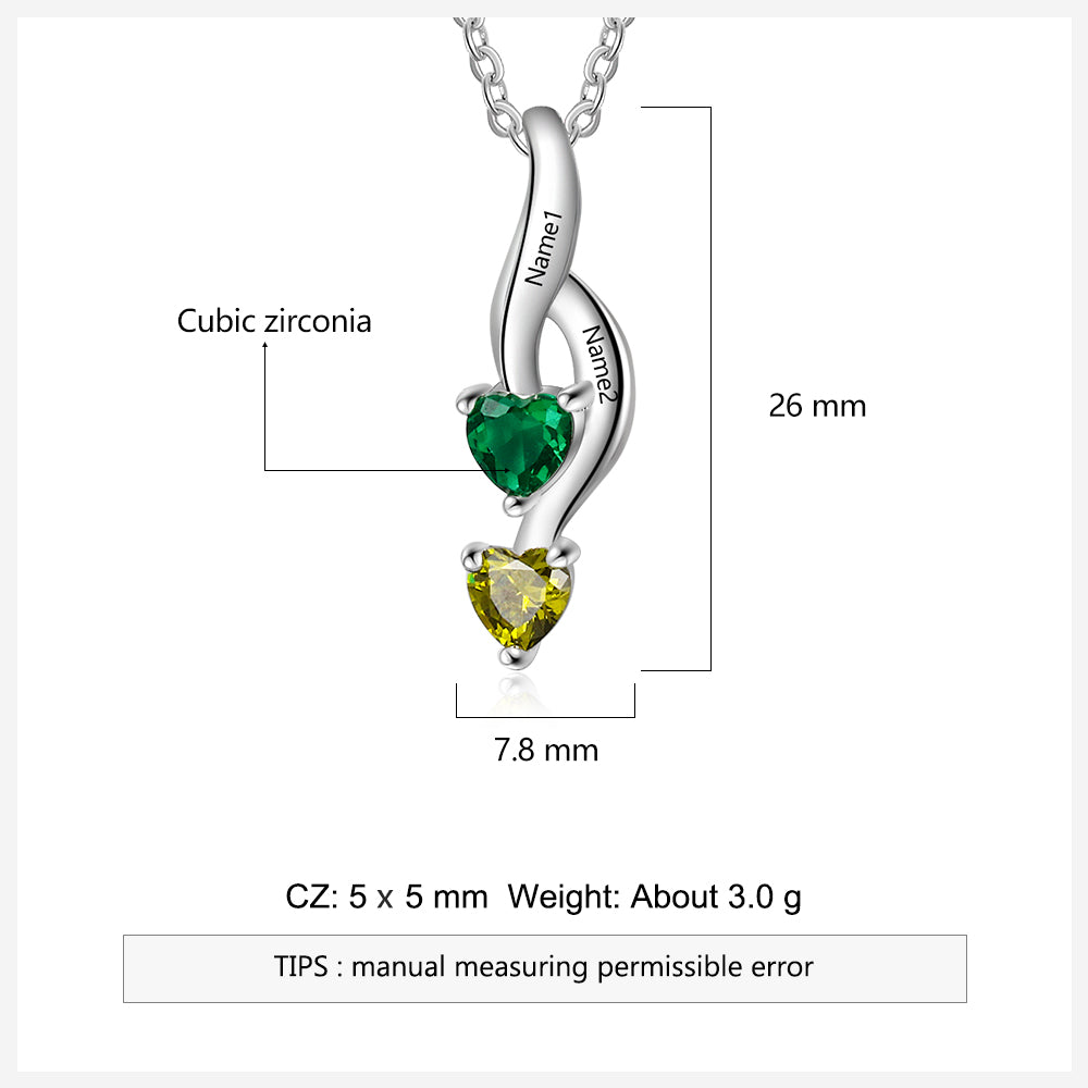 Personalized Custom 2 Stone Shooting Hearts Mothers or Couples Necklace