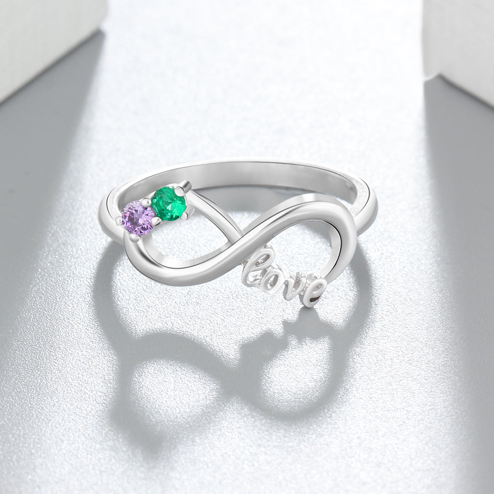 Custom Engraved 2 Stone LOVE Infinity Knot Promise Ring or Mother's Ring Sterling Silver