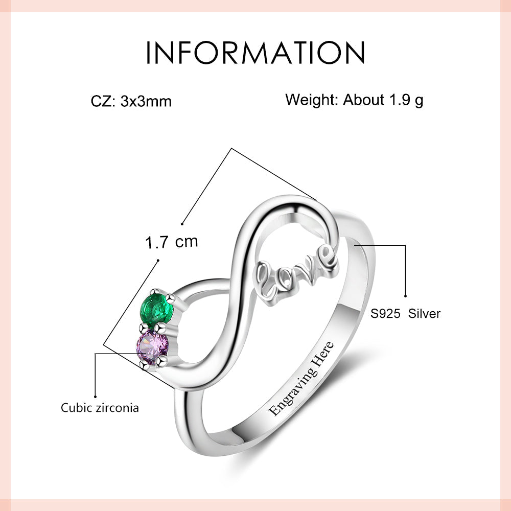 Custom Engraved 2 Stone LOVE Infinity Knot Promise Ring or Mother's Ring Sterling Silver