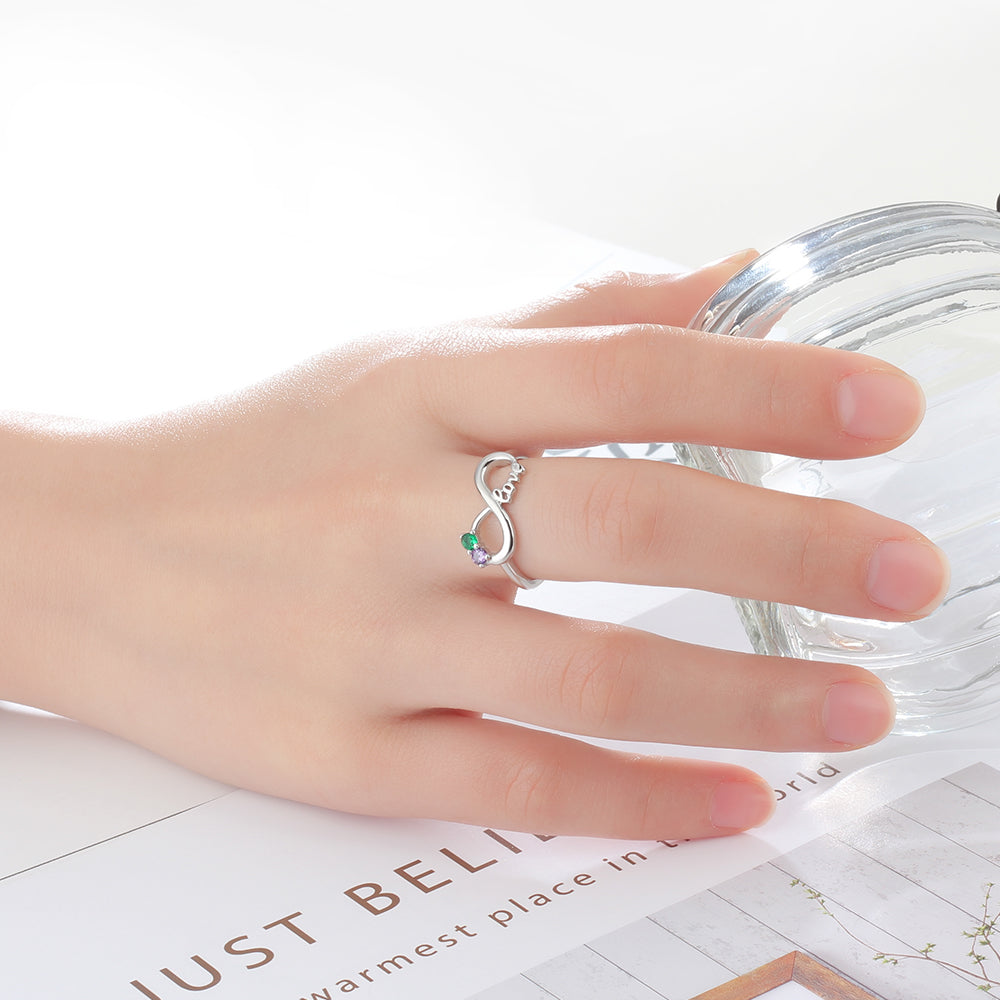 Custom Engraved 2 Stone LOVE Infinity Knot Promise Ring or Mother's Ring Sterling Silver
