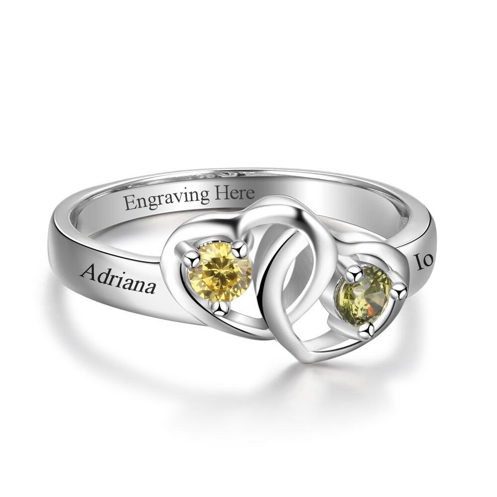 Custom 2 Stone Two Hearts Mother's Ring or Promise Ring 2 Engraved Names