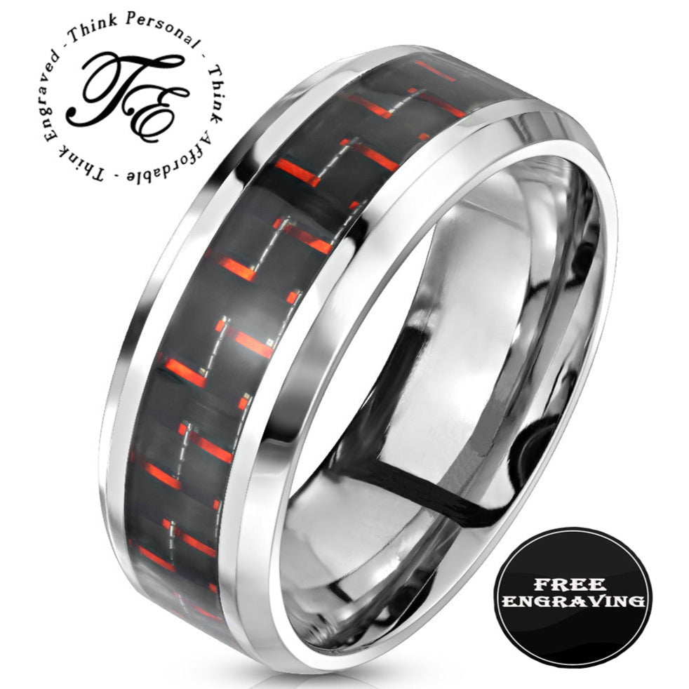 Men's Engraved Red and Black Carbon Fiber Promise Ring - Guy's Personalized Promise Ring