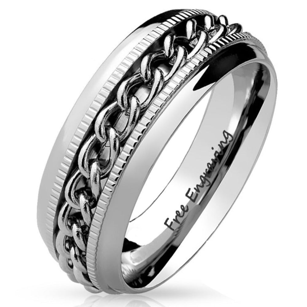Personalized Men's Promise Ring - Silver Chain Spinner Stainless Steel