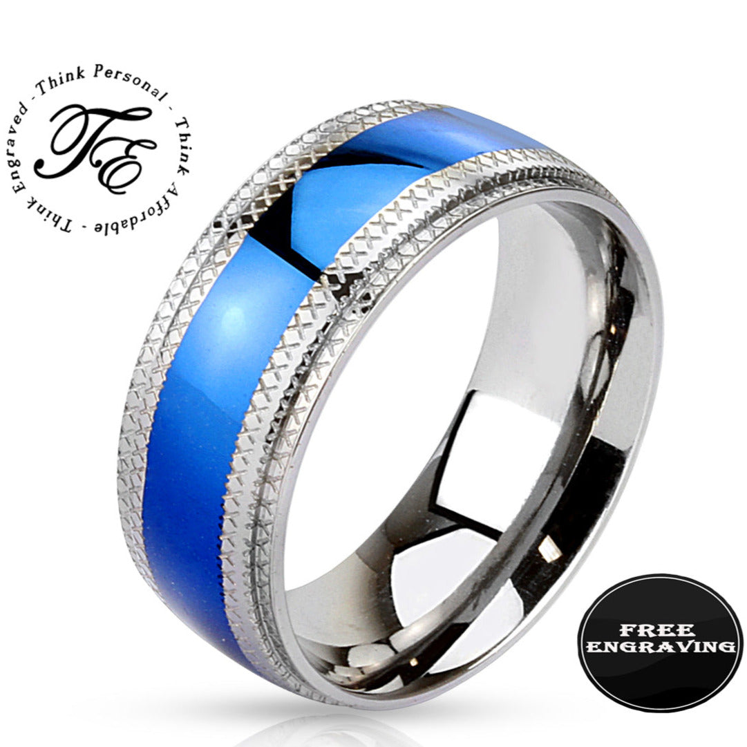 Custom Engraved Men's Blue Promise Ring - Personalized Promise Ring For Guys