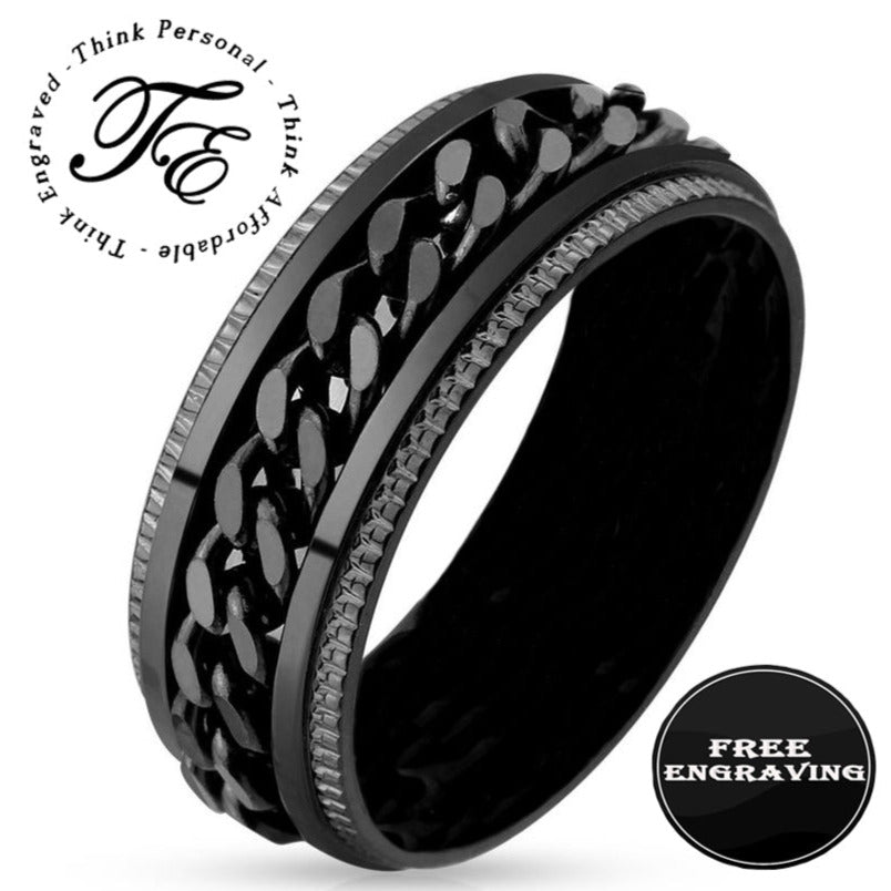 Personalized Men's Black Chain Spinner Ring - Engraved Handwriting Ring